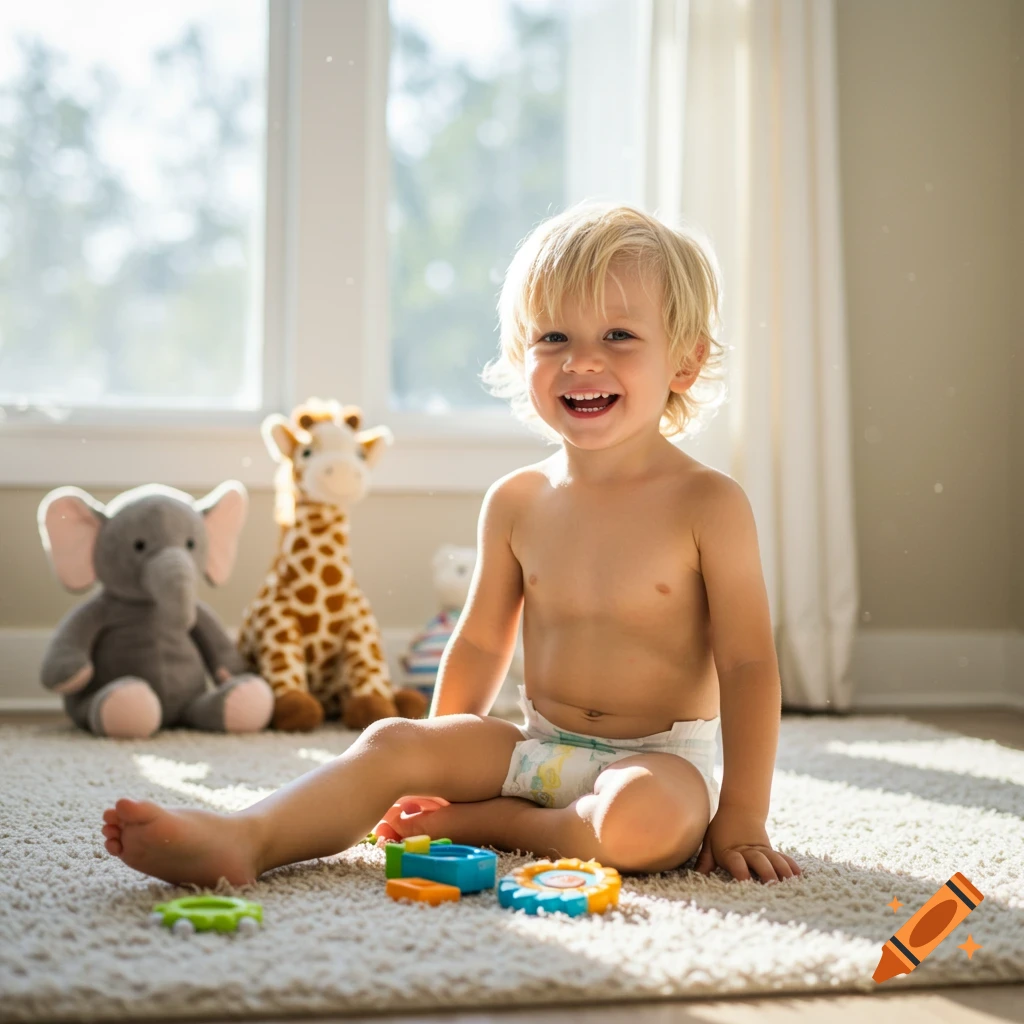 A blonde toddler in a diaper sits on a rug playing with toys near a sunny window.
