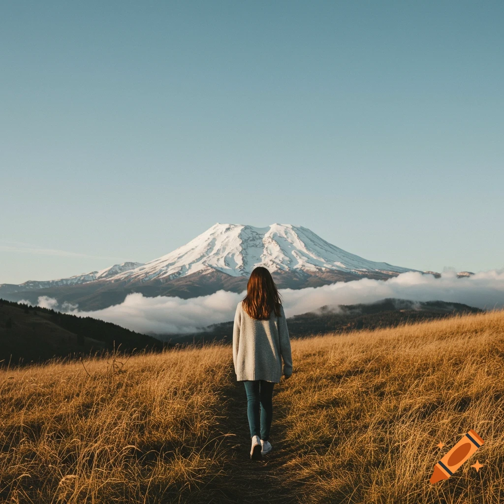 Person walks up a grassy hill towards a snow-capped mountain under clear sky.