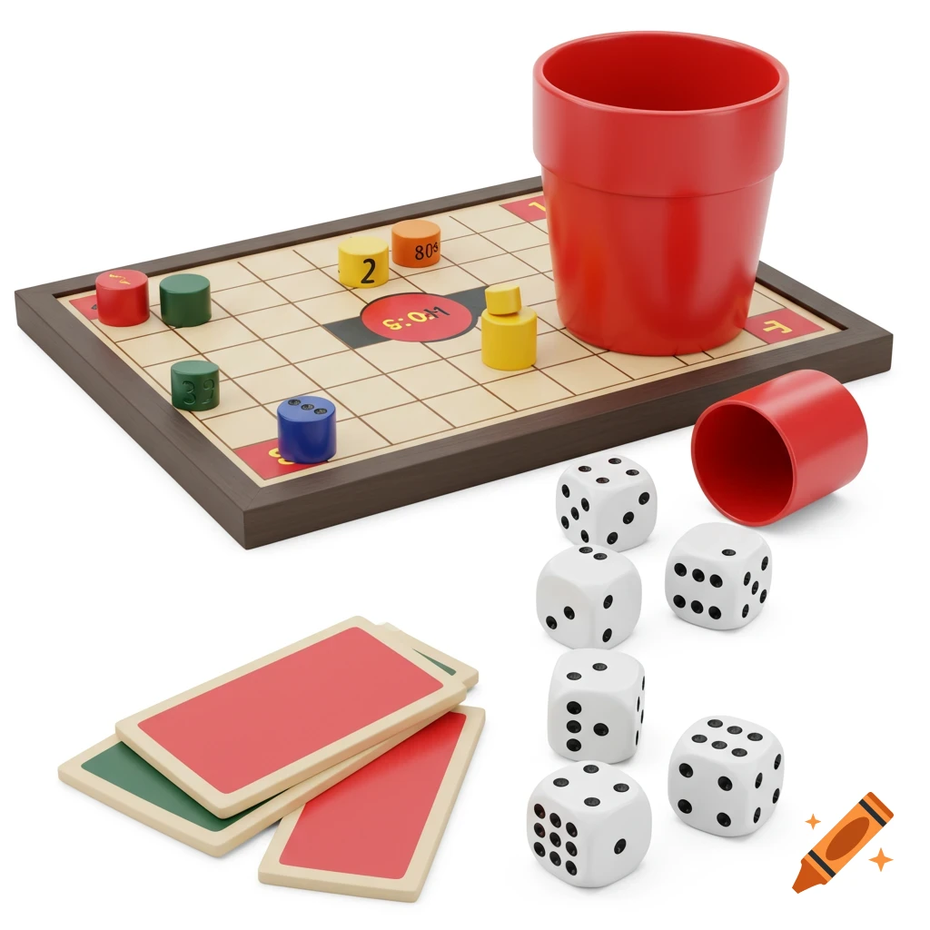 A 3D render of a board game with dice, red cups, and game pieces on a white background.