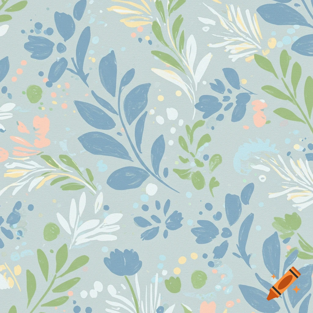 Seamless floral pattern with blue, green, and pastel leaves and flowers.