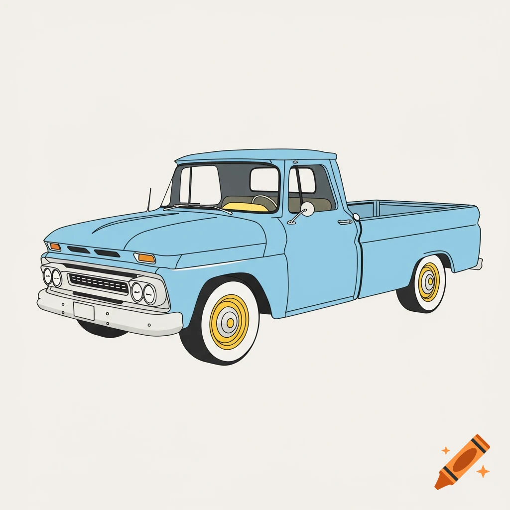 Graphic outline illustration of a light blue retro pickup truck from the side.