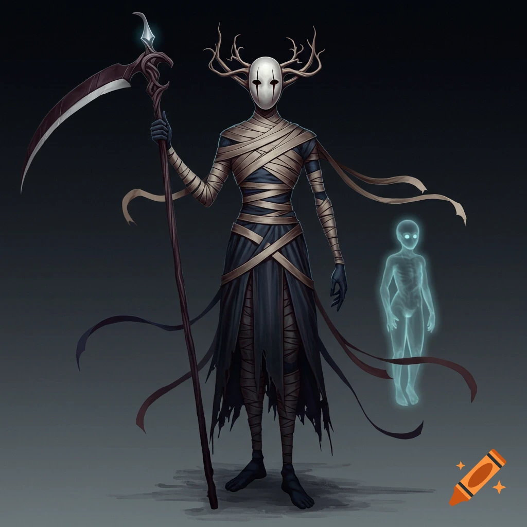 A fantasy character with a mask, antlers, and bandages holds a scythe next to a glowing ghost figure.
