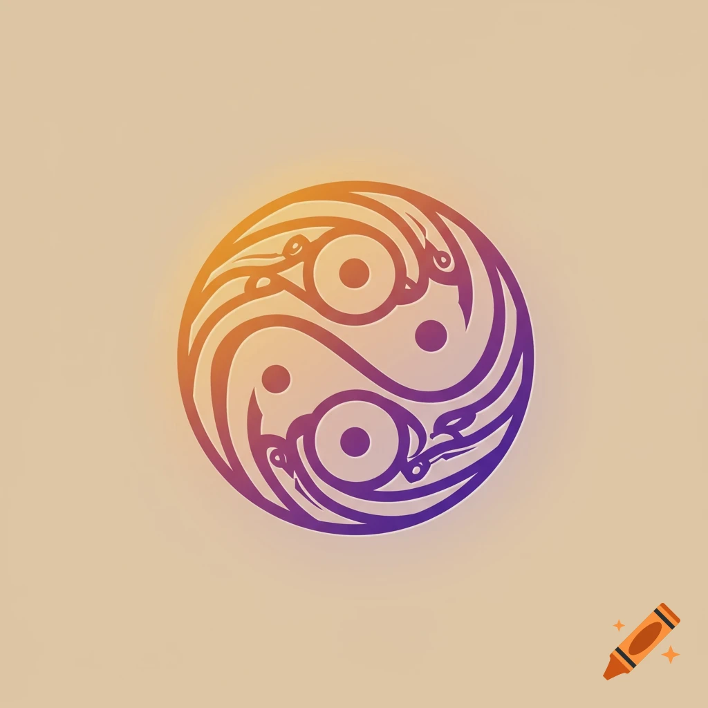 Abstract round logo blending yin yang, infinity, and ouroboros symbols with orange to purple gradient.