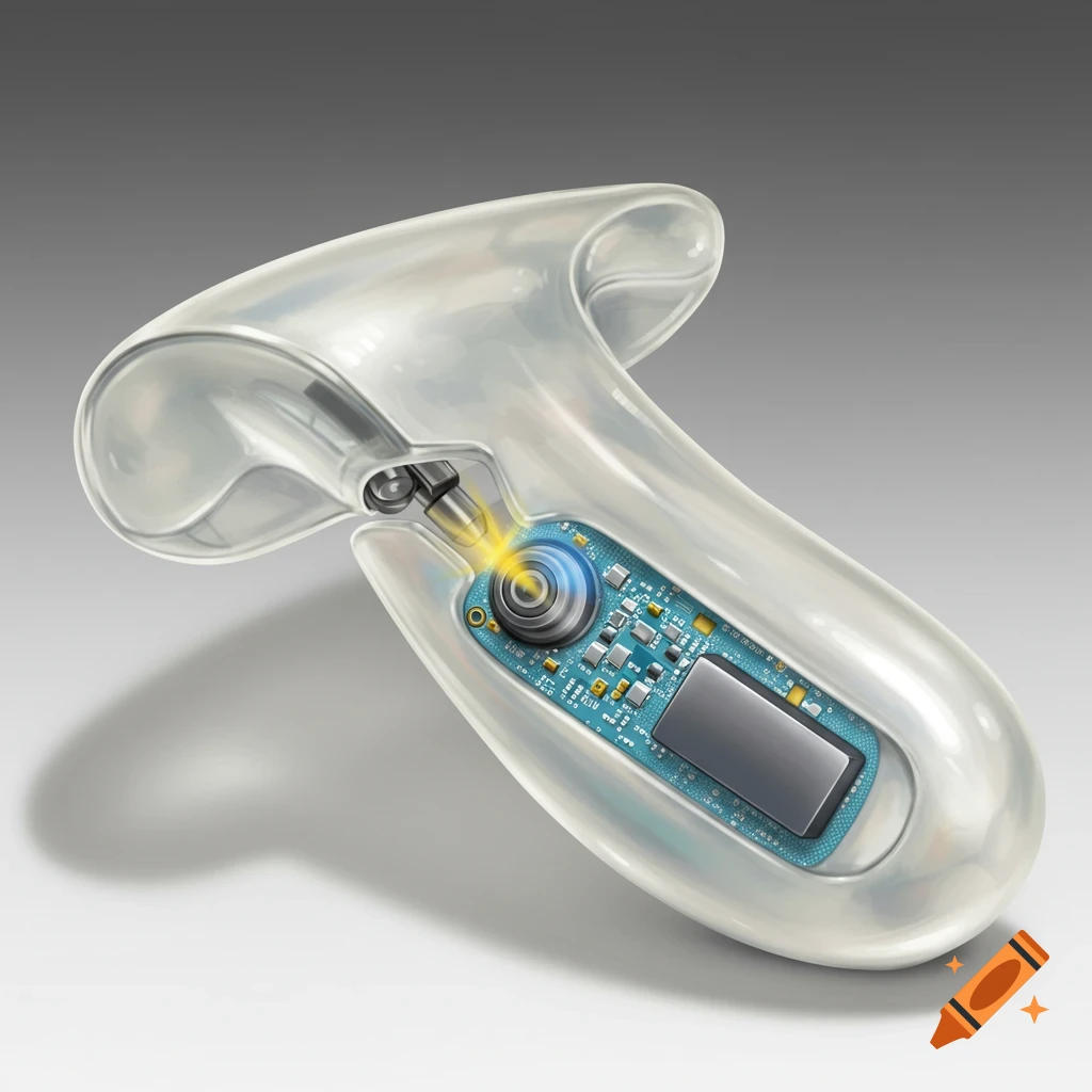 A translucent T-shaped device revealing internal circuit board and glowing element.