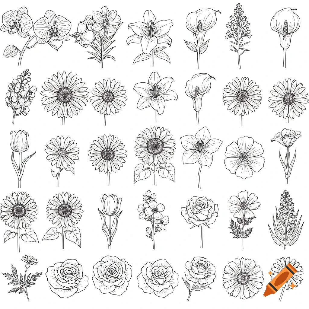 Line art drawings of various flowers including orchids, lilies, daisies, sunflowers, tulips, and roses.