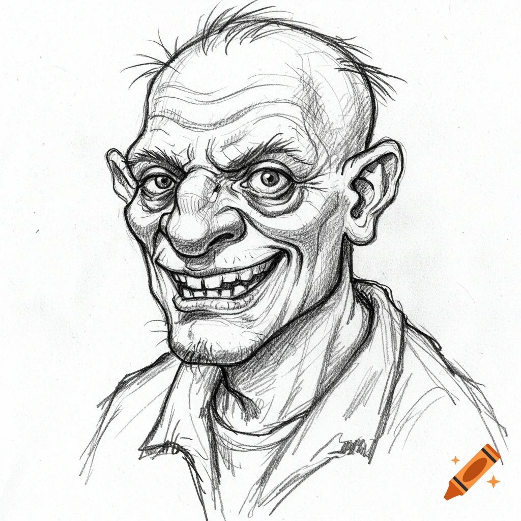 Pencil sketch of a man's face with exaggerated, non-symmetrical features.
