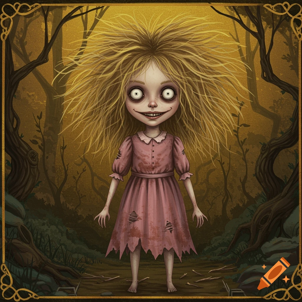 Creepy girl with wild hair and big eyes in a torn pink dress stands in a dark forest illustration.