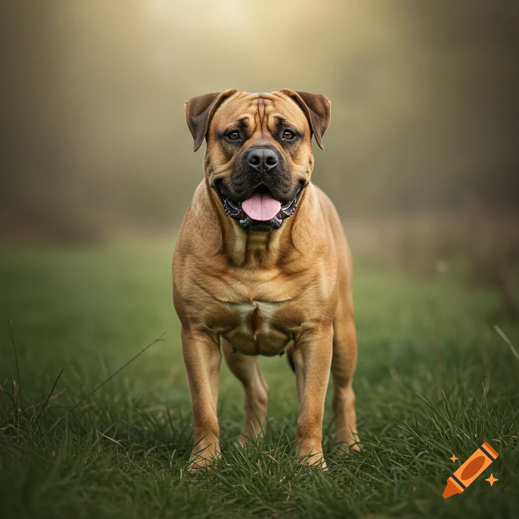 A Bull mastiff dog stands in a grassy field.