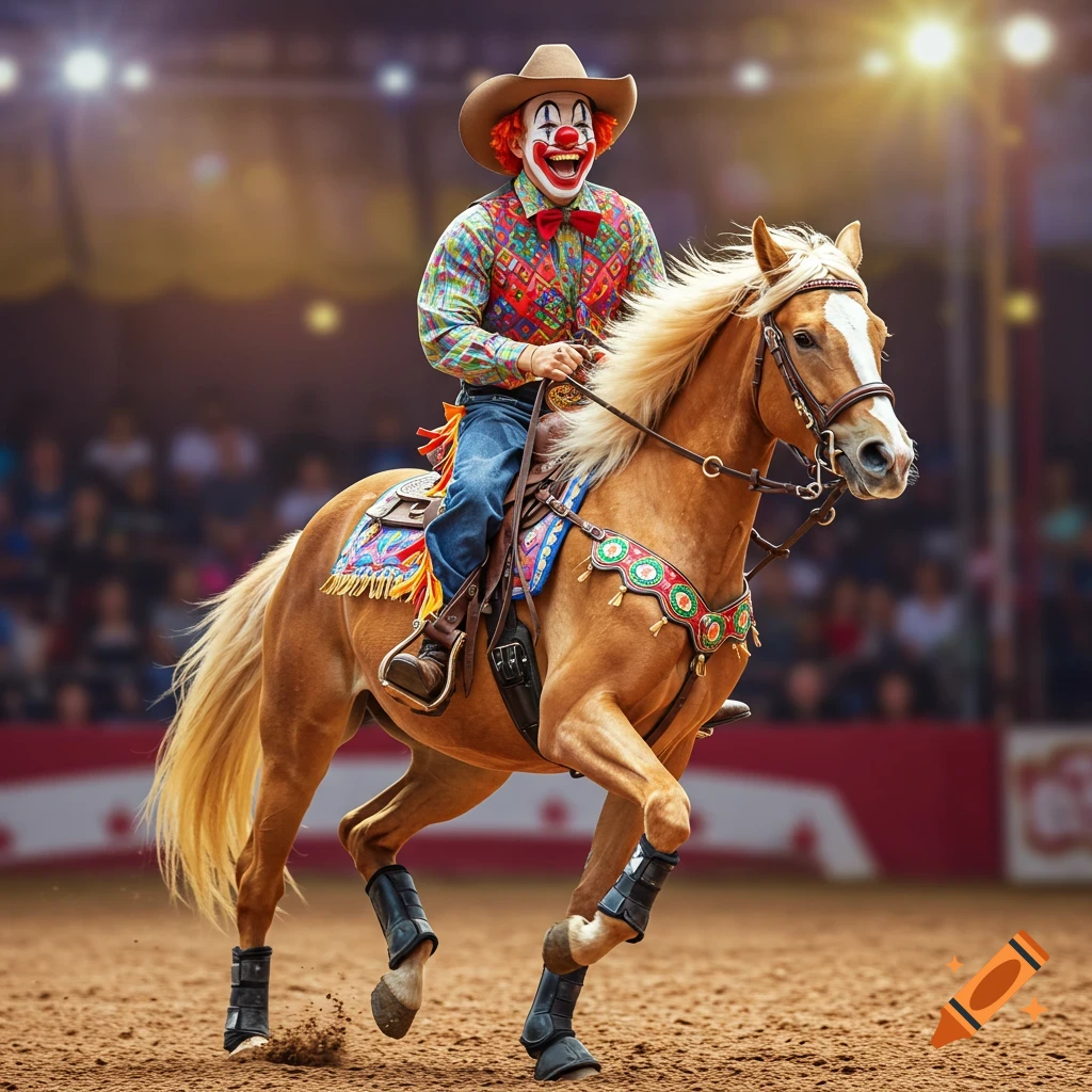 Clown in cowboy hat riding a horse in a rodeo arena.