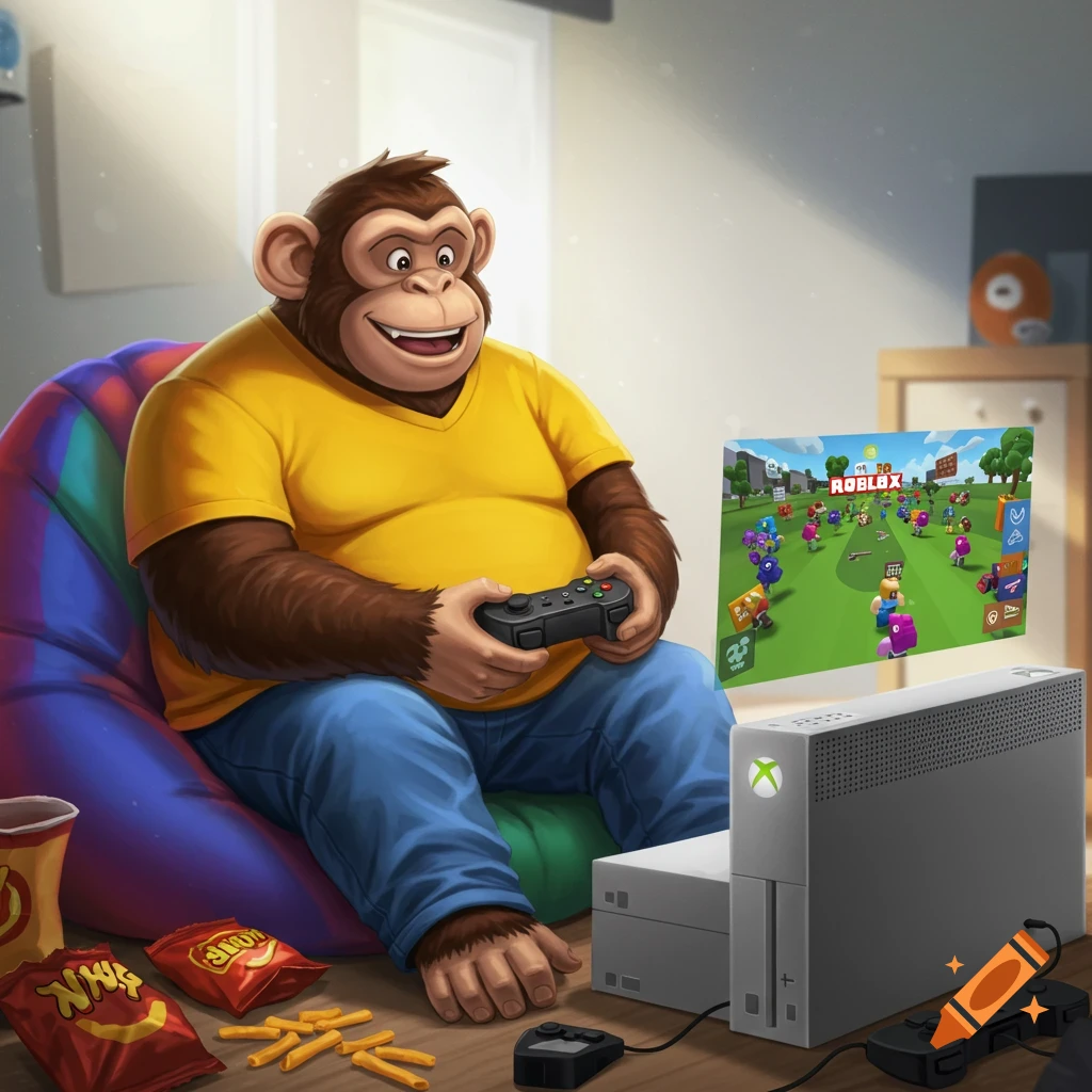 A fat monkey in a yellow shirt and blue jeans is playing Roblox on an Xbox console while sitting on a beanbag with snacks.