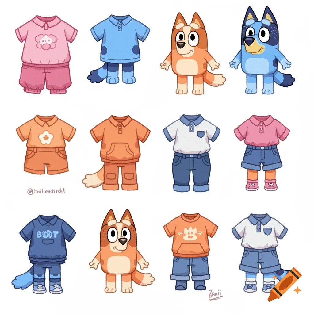 Illustration of Bluey and Bingo characters alongside various outfits and clothing items.