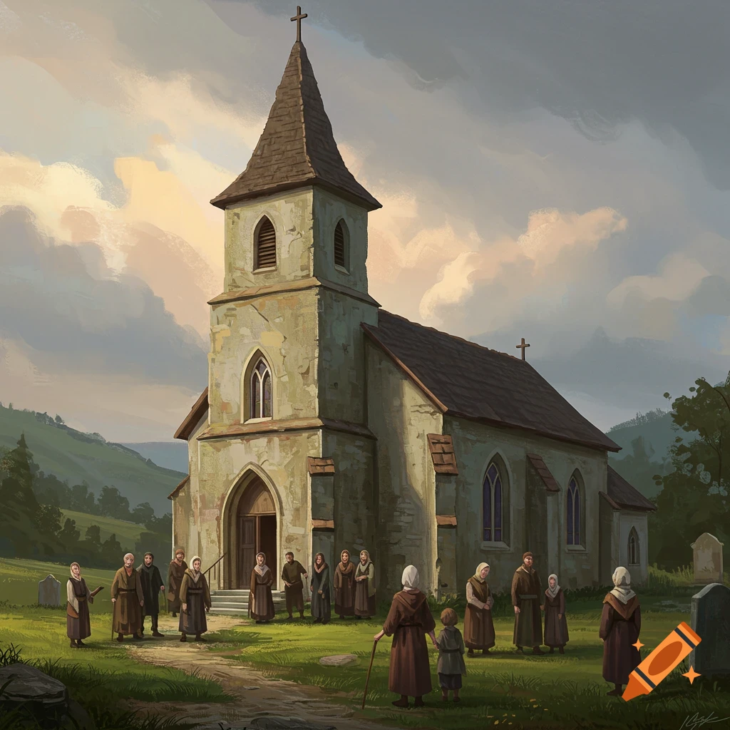A church stands in a field, with a group of people gathered outside.