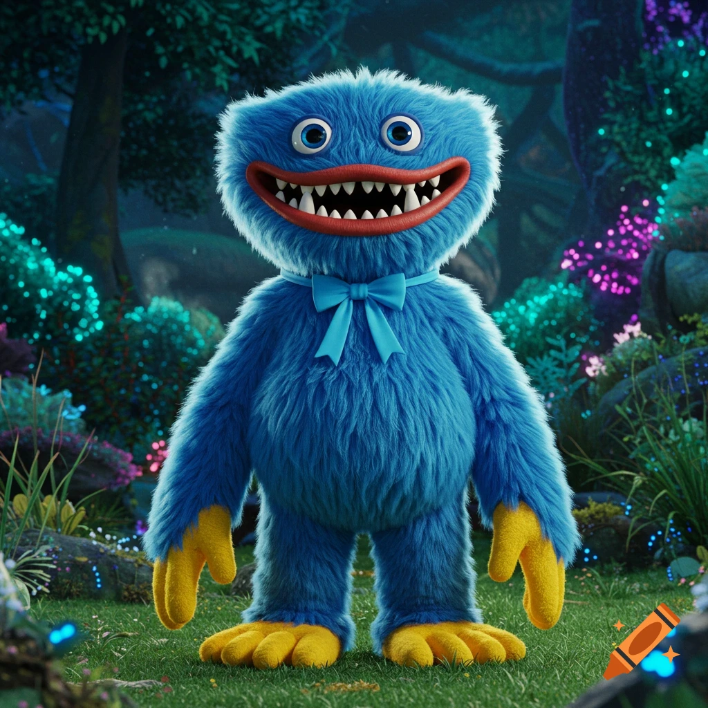 A blue furry creature with a wide smile, sharp teeth, yellow hands and feet, and a blue bow stands in a fantasy forest.