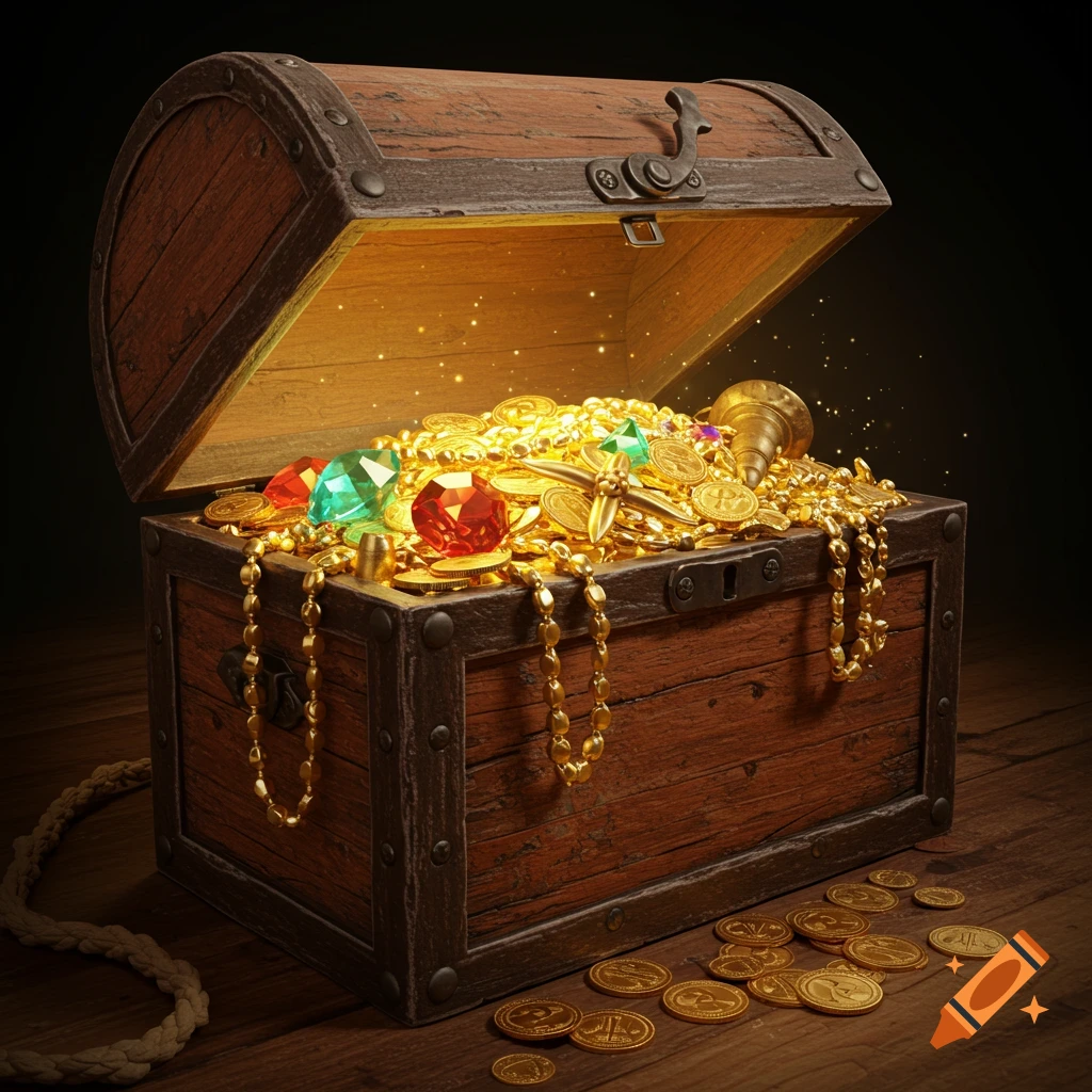 A wooden treasure chest sits open, overflowing with sparkling gold coins, vibrant jewels, and golden chains. Light emanates from inside.