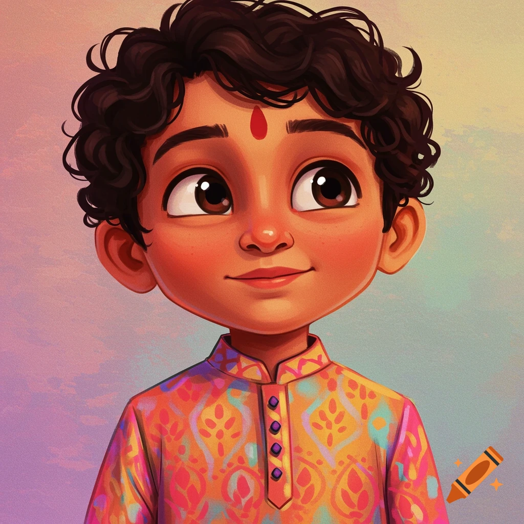 A vibrant image of a young boy with a bindi, wearing a colorful patterned kurta.
