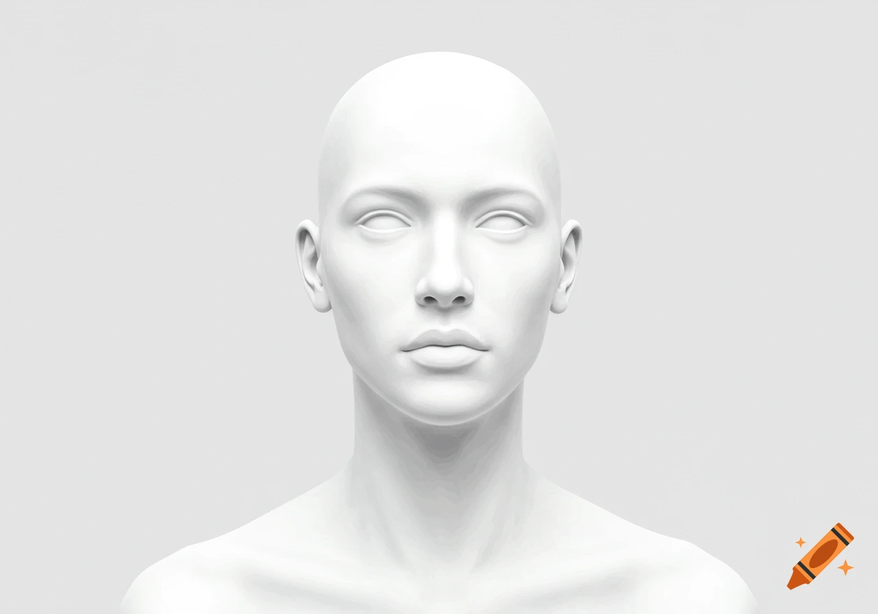 A white, featureless human bust against a light gray background, digital art.