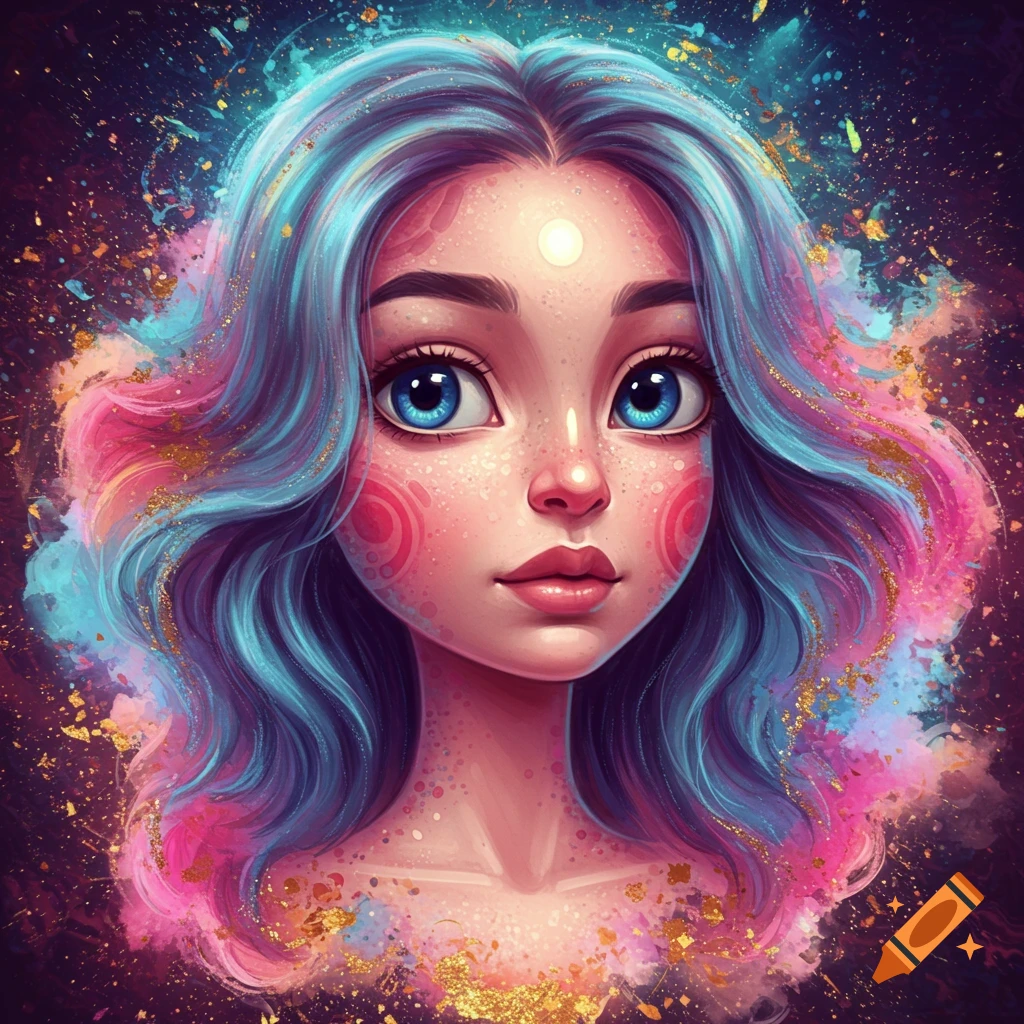 Stylized digital portrait of a young person with blue and pink hair and large blue eyes against a cosmic background with gold speckles.