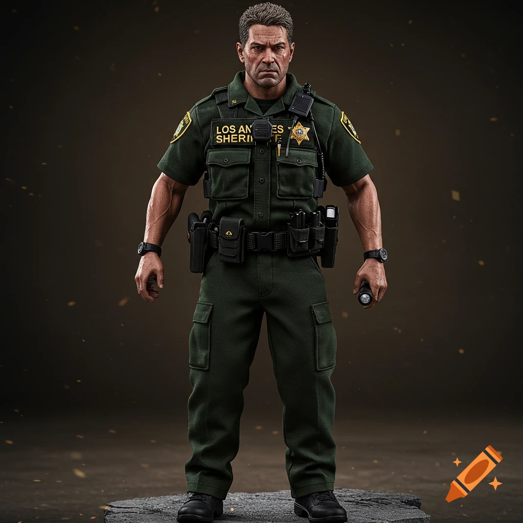 Hyper-realistic Los Angeles Sheriff action figure.