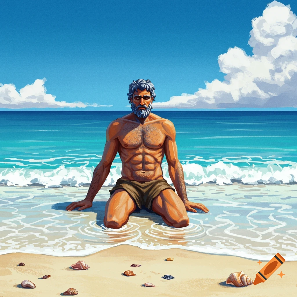 A muscular man with grey hair kneels in the ocean surf on a beach.
