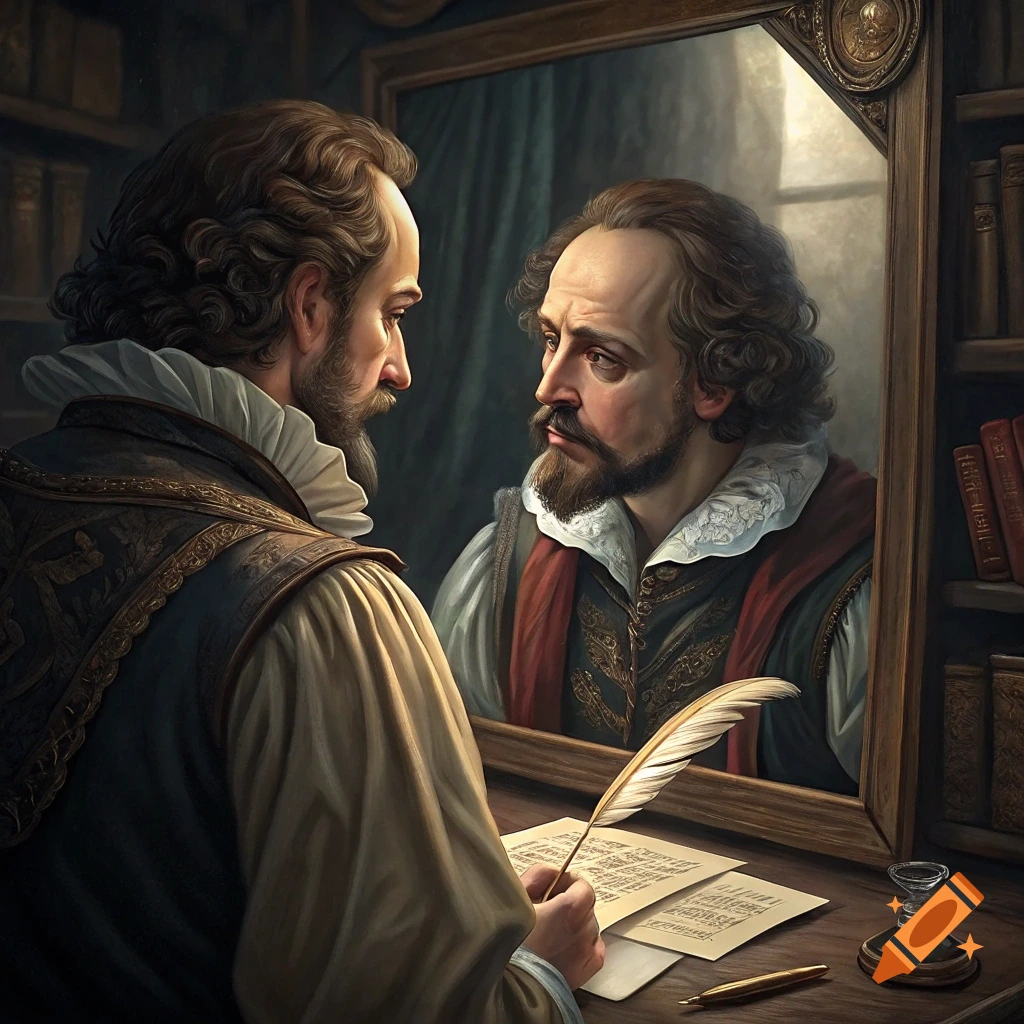 Painting of a man in historical clothes writing and looking in a mirror.