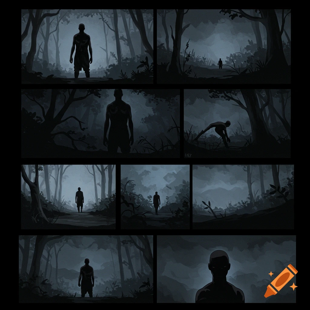 Grid of comic panels showing silhouetted figures in a dark, moody forest.