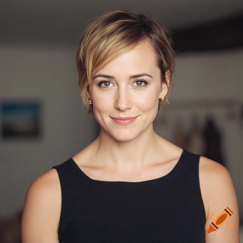 A photorealistic portrait of a woman with short blonde hair, wearing a black top and gold earrings, smiling.