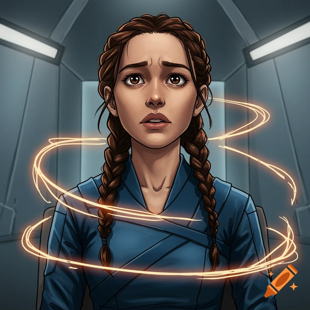 Comic book illustration of a young woman with braids and a tense expression, with glowing energy around her, in a sci-fi room.