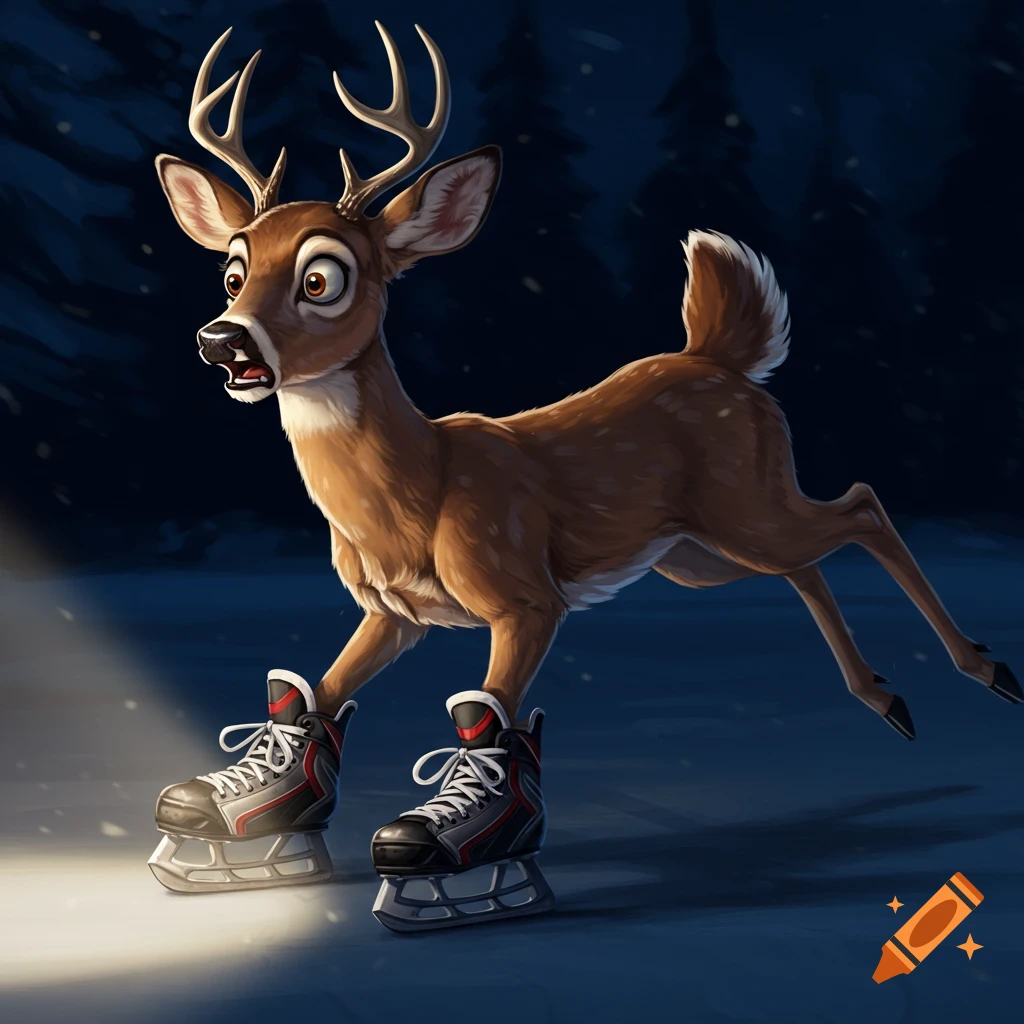 A scared cartoon deer wearing hockey skates stands on ice in a dark forest, looking surprised.