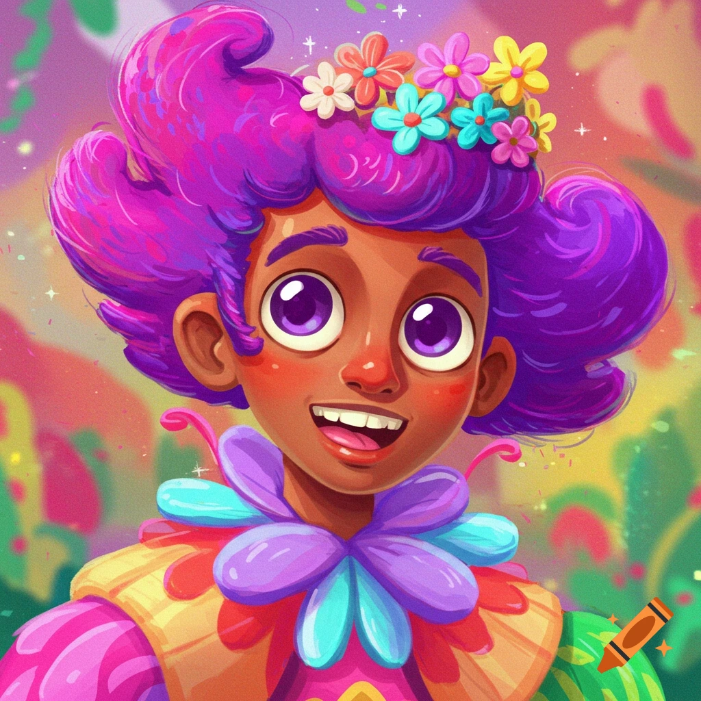Stylized illustration of a person with bright purple hair, wearing a colorful costume and flowers