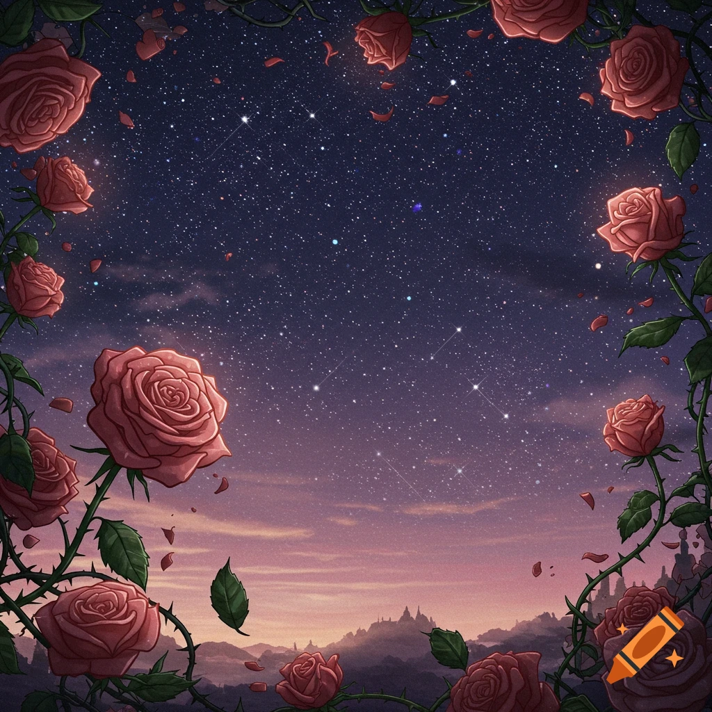 Thorny roses frame a starry night sky over a landscape with distant castles