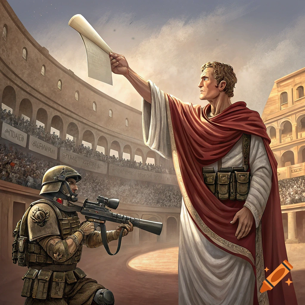A Roman figure addresses a crowd in an arena while a modern soldier points a rifle at him.