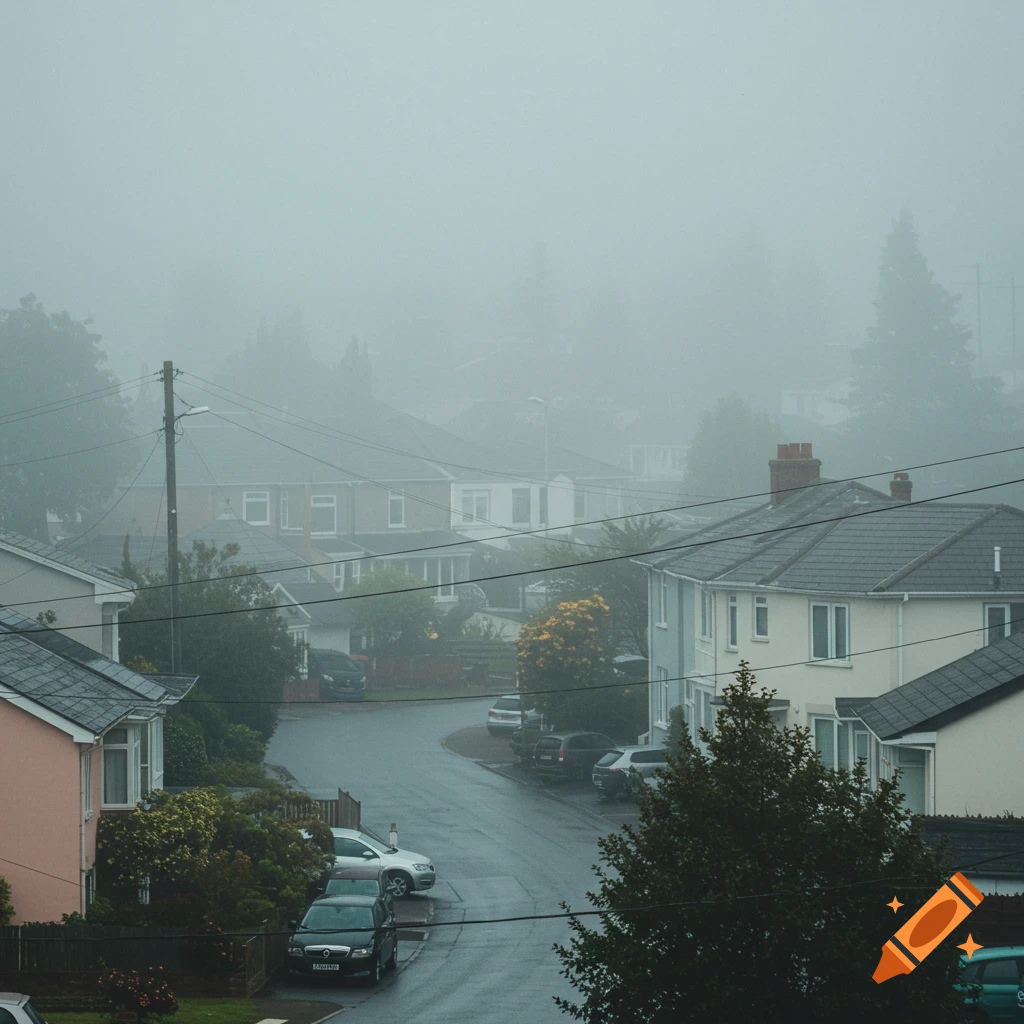 A residential street covered in thick fog, showing houses and parked cars.