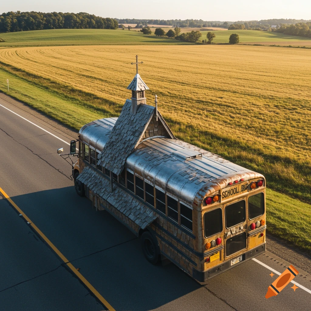 Photorealistic image of a school bus converted into a church driving on a rural road.
