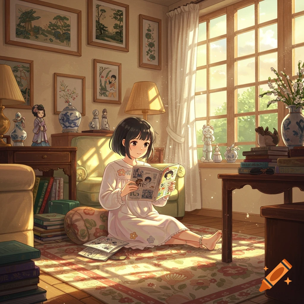 An anime girl with short black hair reads a magazine on a rug in a cozy room bathed in sunlight.