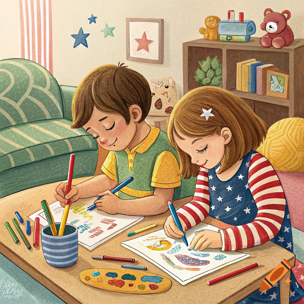 Two children drawing at a table in an illustration style.