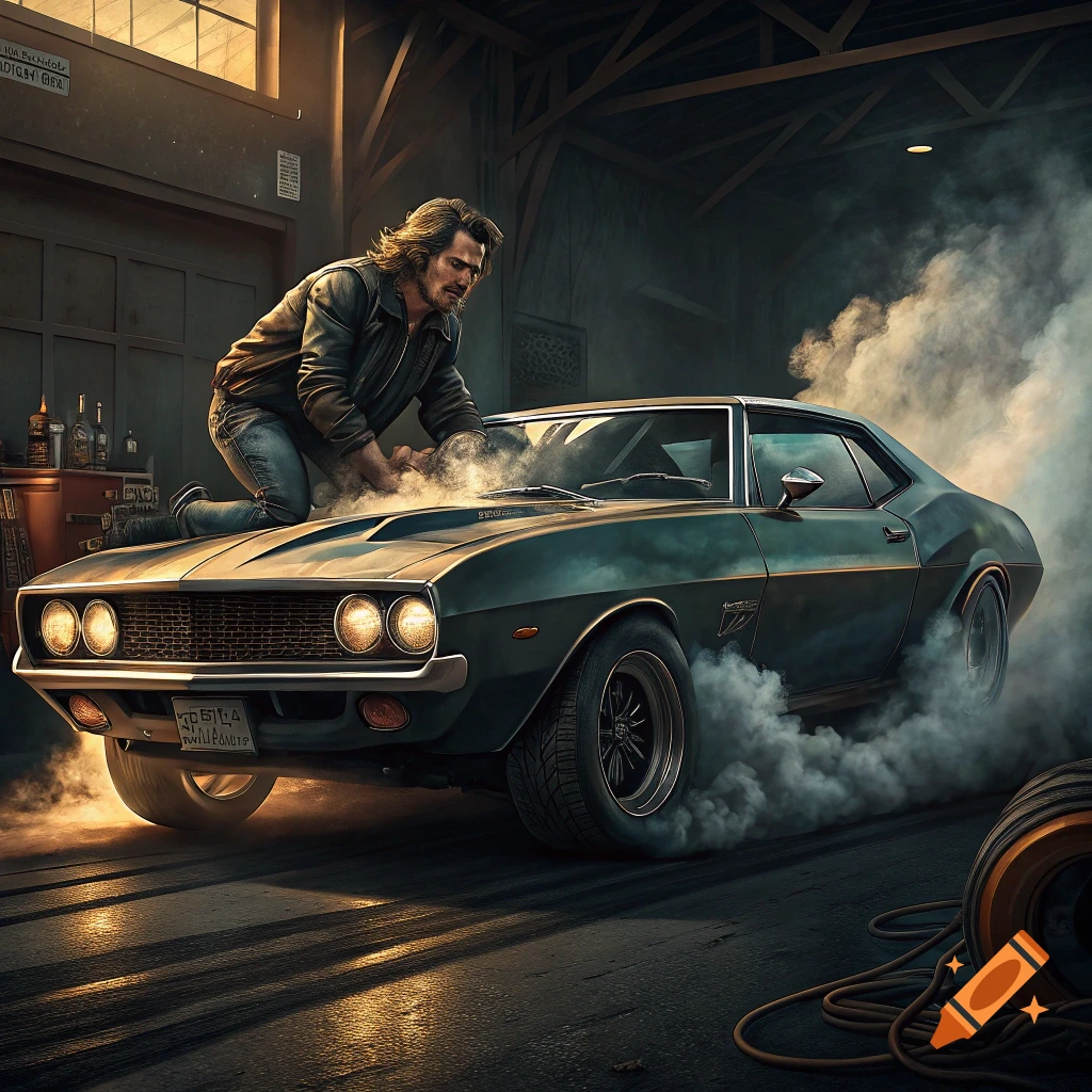 Man kneeling on classic muscle car doing a smoky burnout in a garage
