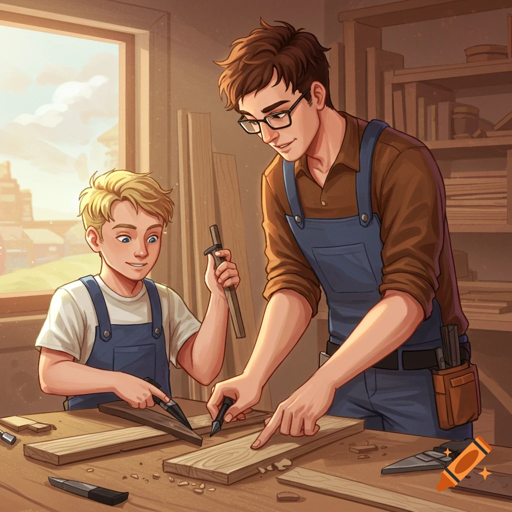 Adult and child woodworking in a sunny workshop.