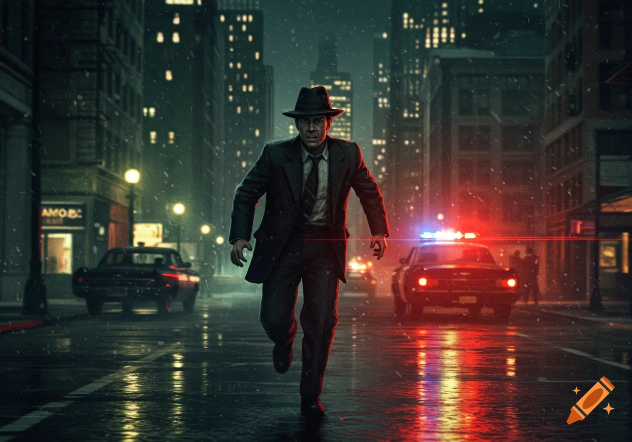 A man in a suit and hat is running from police cars in a rainy city street at night.