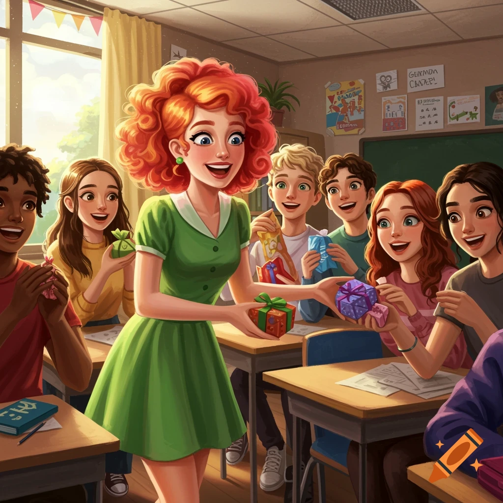 A red-haired teacher in a green dress giving gifts to students in a classroom.