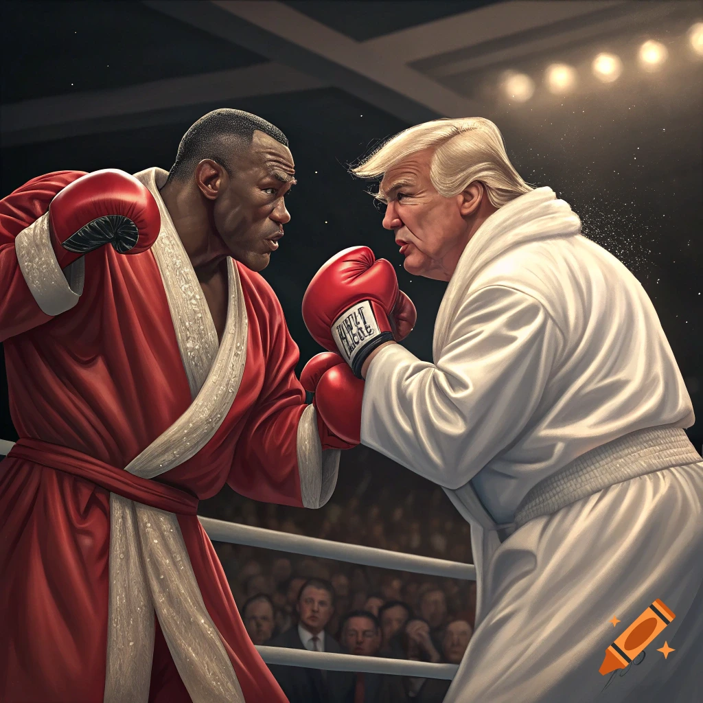 Illustrated caricature of Donald Trump punching Mike Tyson in a boxing ...