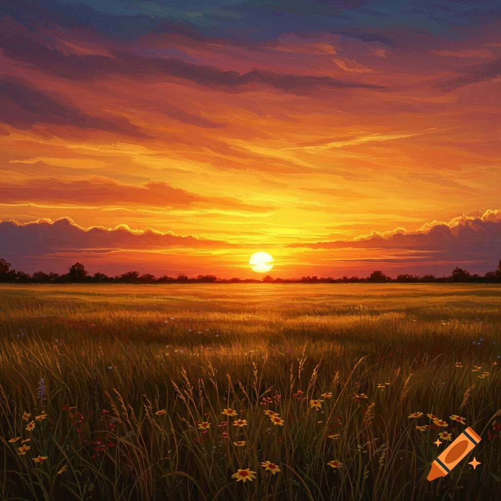 A painterly image of a bright sunset over a field of tall grass and wildflowers.