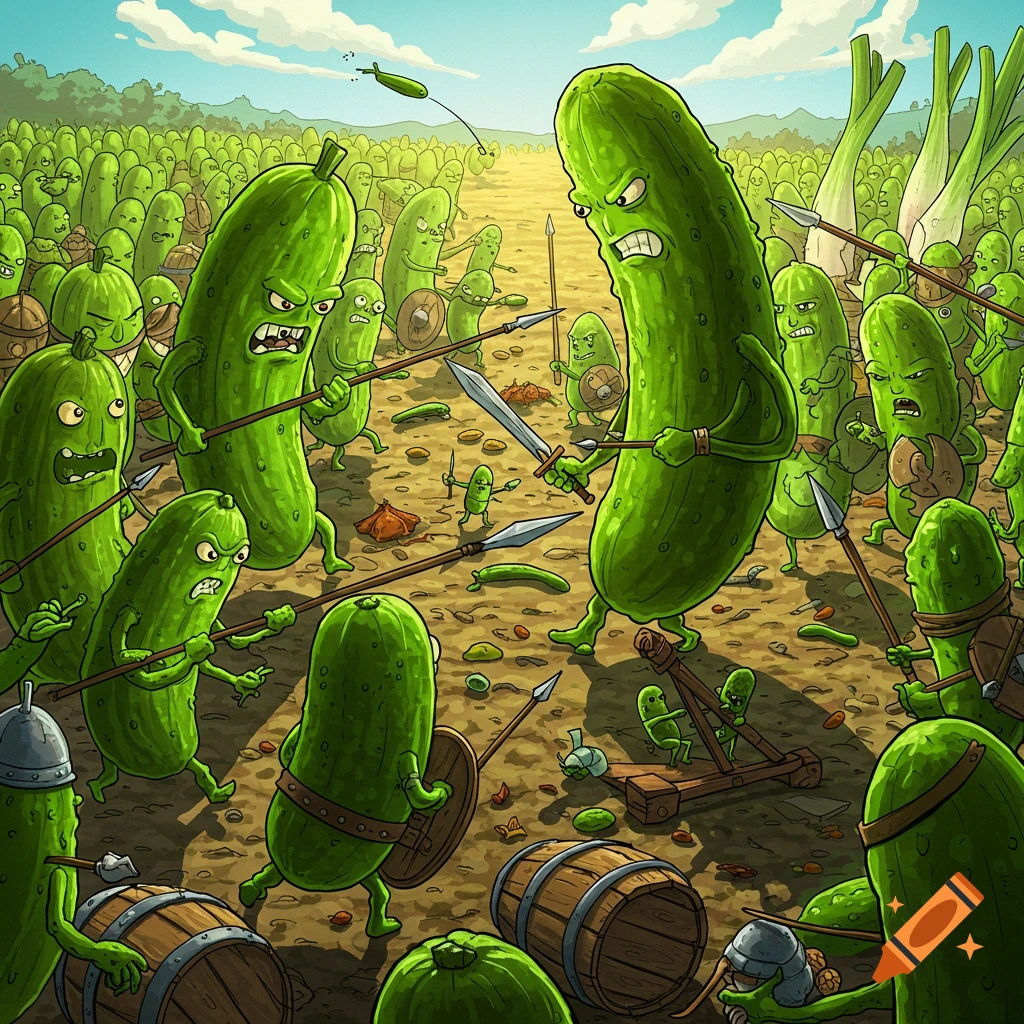 Cartoon depiction of anthropomorphic pickles in armor fighting a battle with swords, spears, and catapults in a field.
