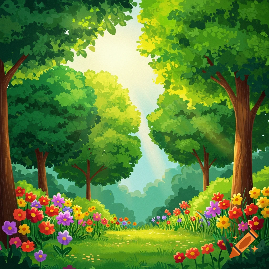 Bright illustration of a sunlit forest path bordered by colorful flowers and trees.