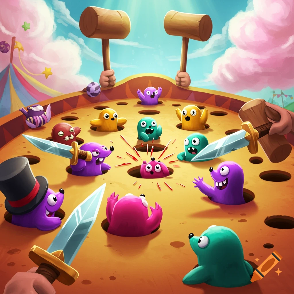 Cartoony whack-a-mole game with colorful creatures, mallets, and daggers.