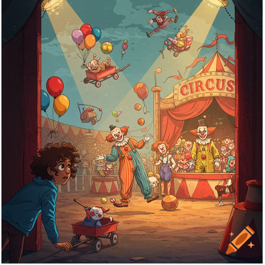 A child watches a circus performance with clowns, a tent, balloons, and levitating objects.