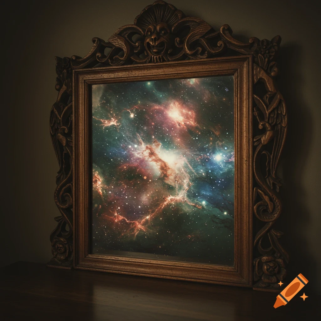 An ornate wooden frame on a table reflects a vibrant space nebula.
