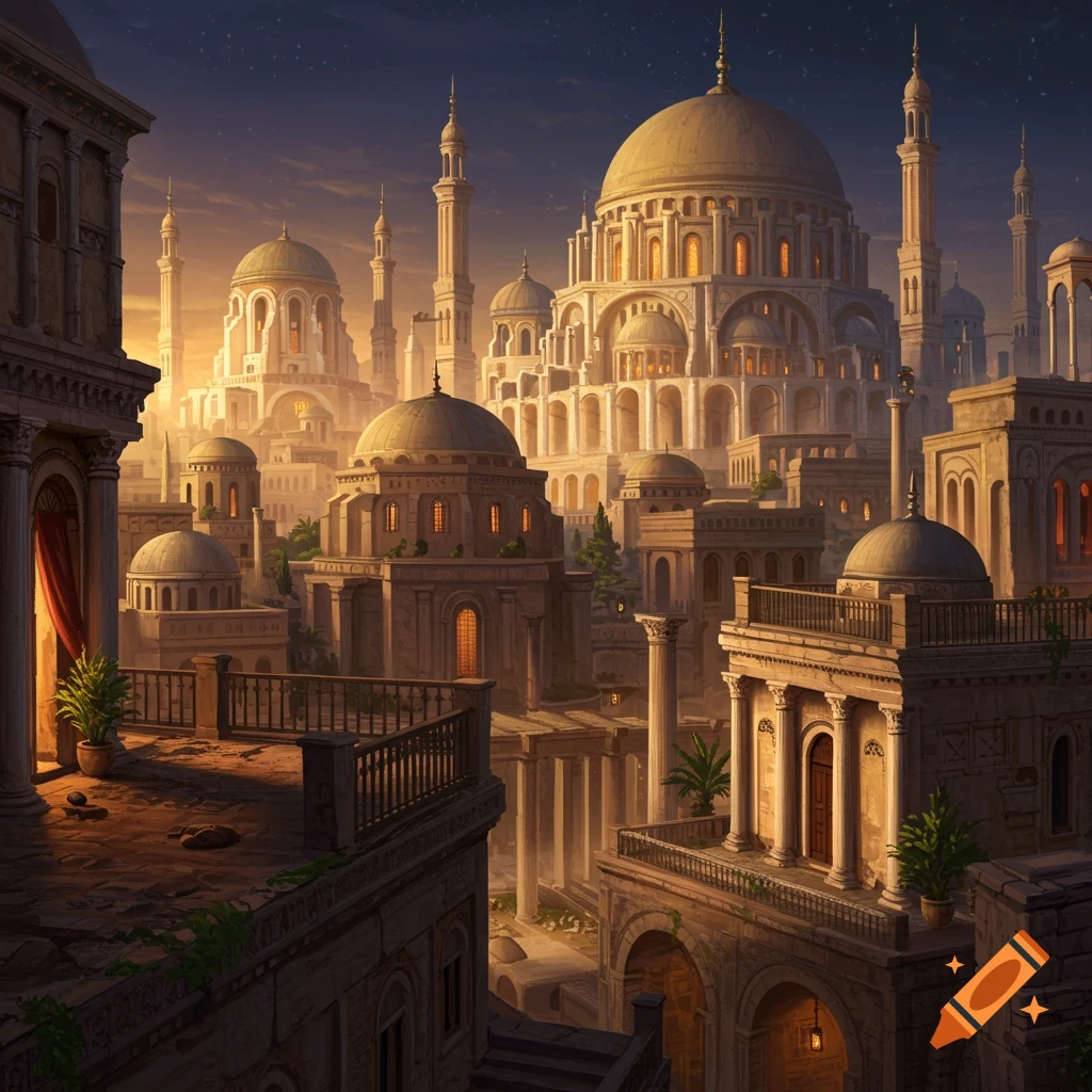 A luminous ancient city with domes, spires, and columns under a sunset sky.