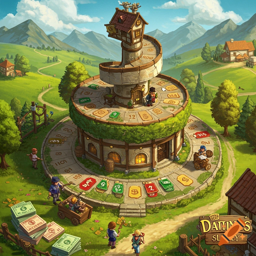 A board game set in a village with a spiral track, characters, and money stacks.