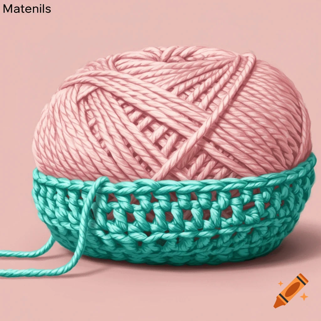 A large pink ball of yarn sitting in a turquoise crochet basket.