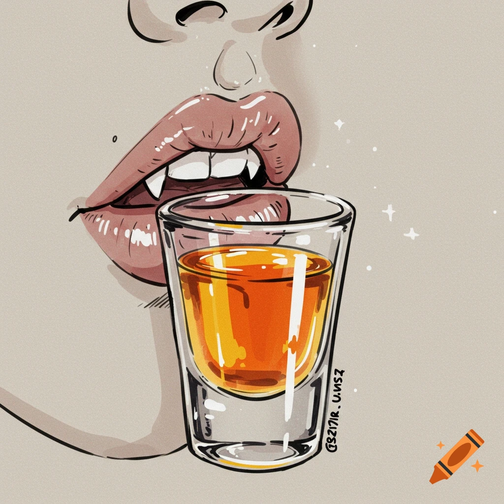 Illustration of vampire lips and fangs leaning towards a shot glass filled with orange liquid.